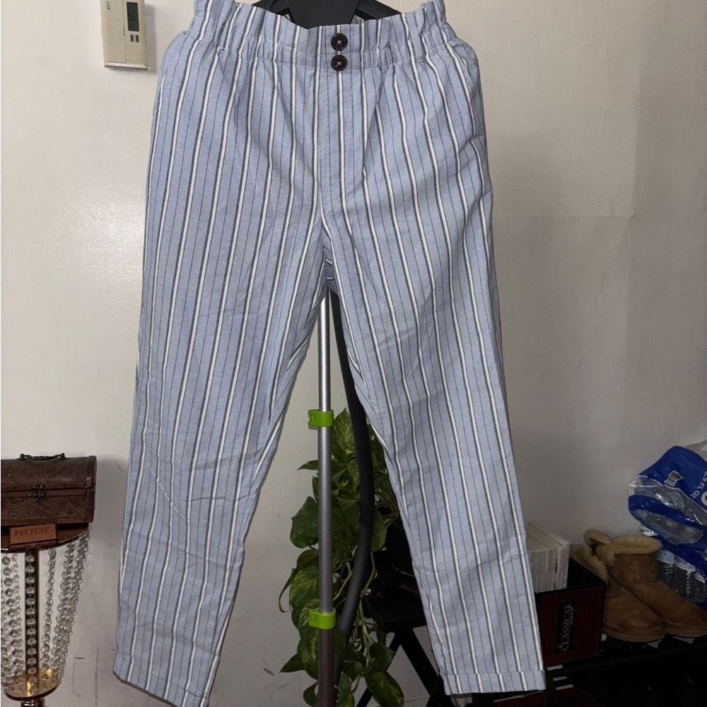 Blue Pinstripe Trousers with Straight Leg Design